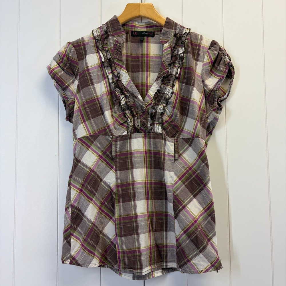 HeartSoul Y2K Dark Academia Babydoll Plaid Ruffle Blouse Womens Large Preppy
